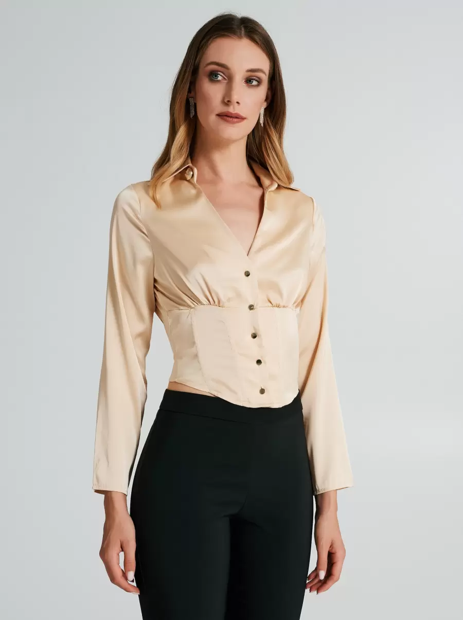 Blouse With Sateen Boning. Inexpensive Shirts & Blouses Women Beige - 2