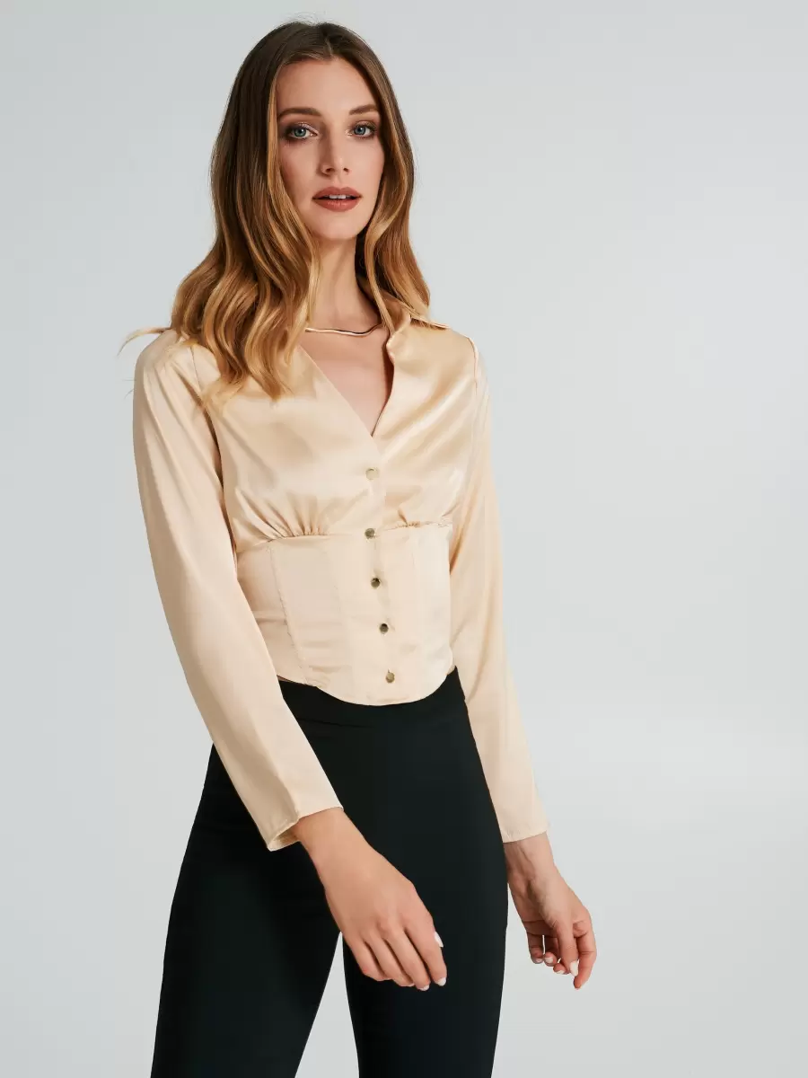 Blouse With Sateen Boning. Inexpensive Shirts & Blouses Women Beige