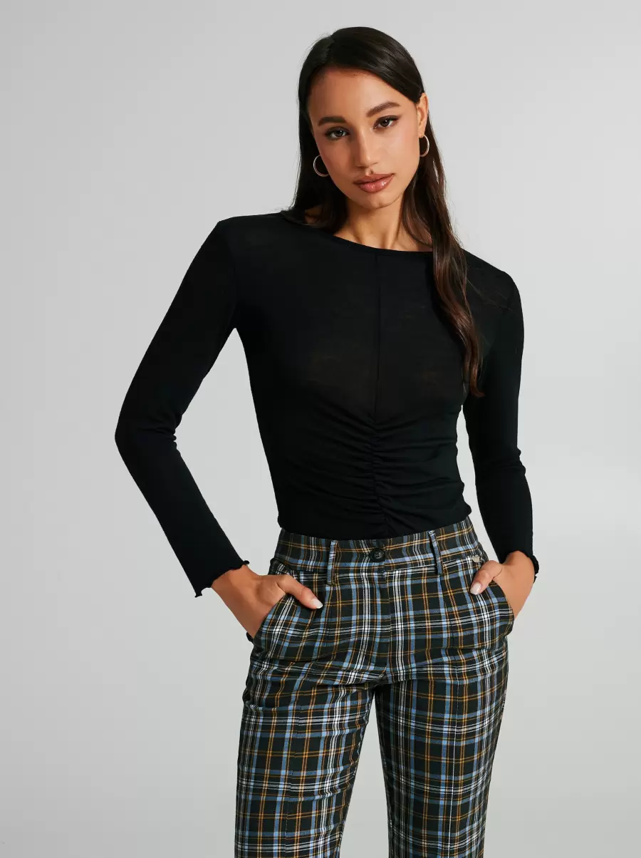 Extra-Light Knitted Top With Gathering Black Women Practical Shirts & Blouses
