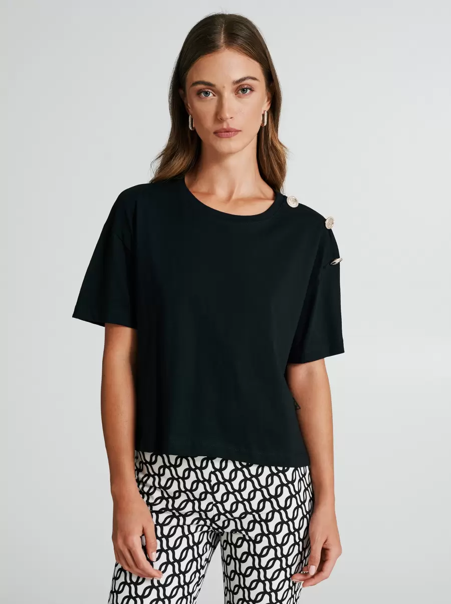 Tops & Tshirts Women Black Enrich Boxy T-Shirt With Buttons - 2