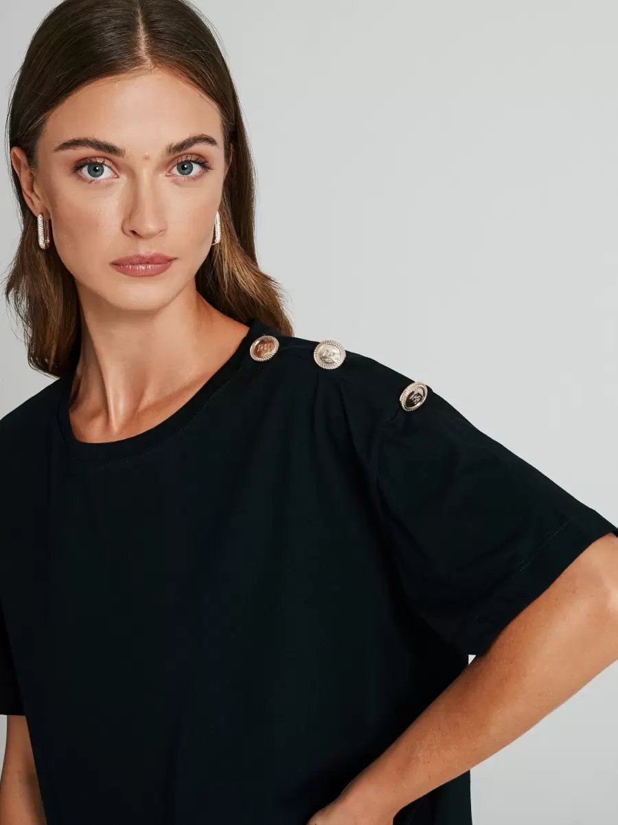 Tops & Tshirts Women Black Enrich Boxy T-Shirt With Buttons - 4