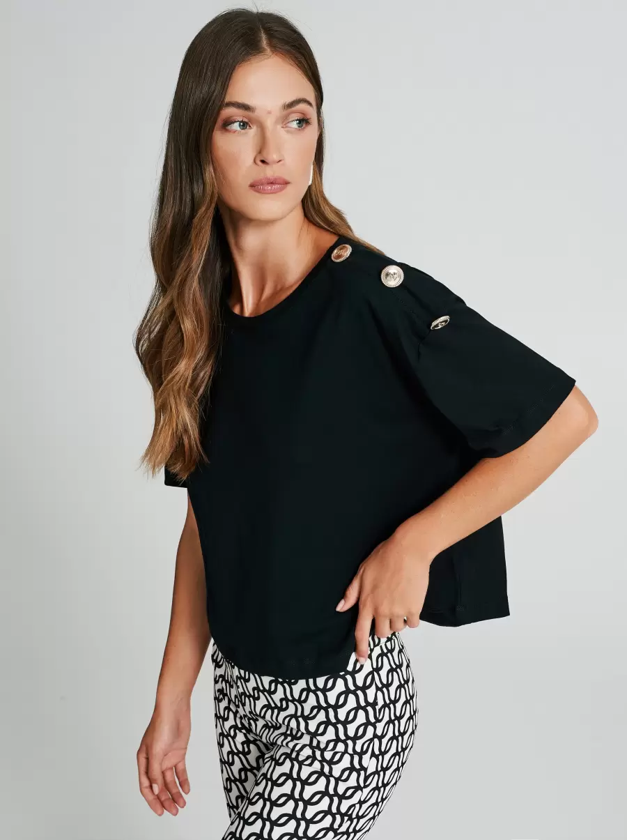 Tops & Tshirts Women Black Enrich Boxy T-Shirt With Buttons