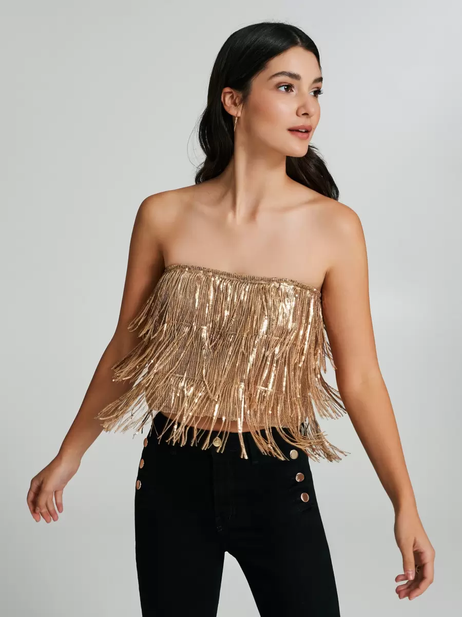 Buy Women Sequined And Fringed Tube Top Tops & Tshirts Gold