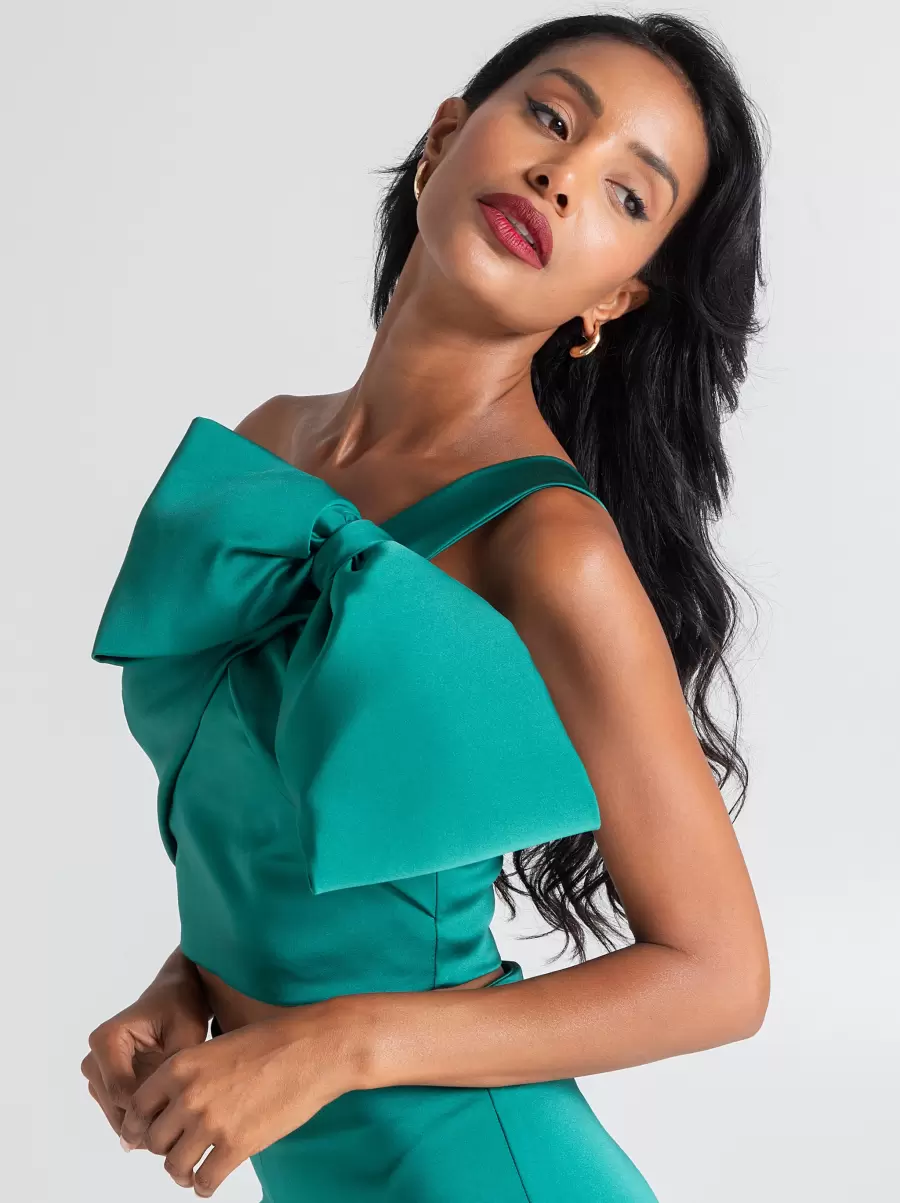Tops & Tshirts Women One-Shoulder Top With Bow Premium Var Green Emerald - 4
