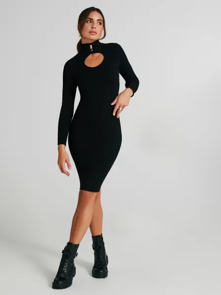 Sleek Black Dresses & Jumpsuits Women Ribbed Dress With Cut-Out Detail