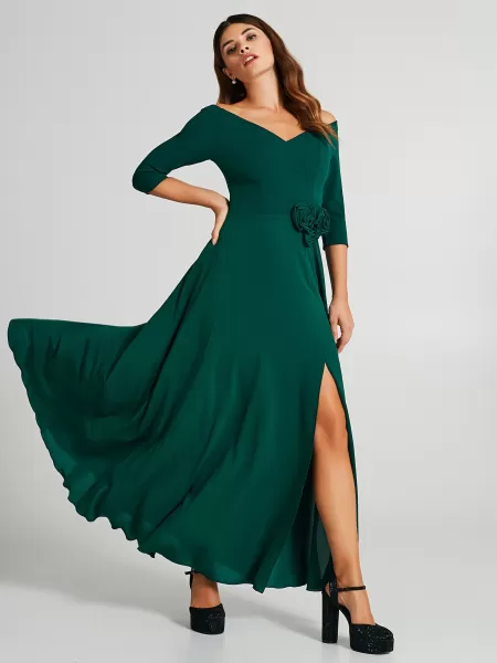 Green Full Dress With Bardot Neckline Long-Lasting Women Dresses & Jumpsuits