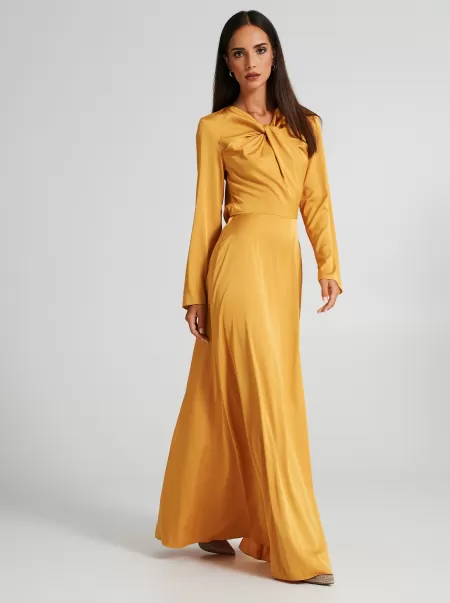 Exceptional Ocra Yellow Dresses & Jumpsuits Women Satin Dress With Knot