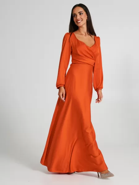 Bold Orange Women Dresses & Jumpsuits Long Crossover Dress In Satin