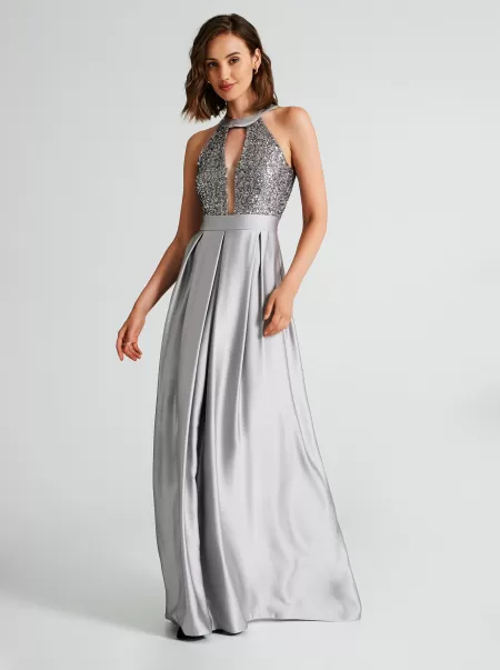 Heavy-Duty Women Dresses & Jumpsuits Long Dress In Satin With Sequins Silver
