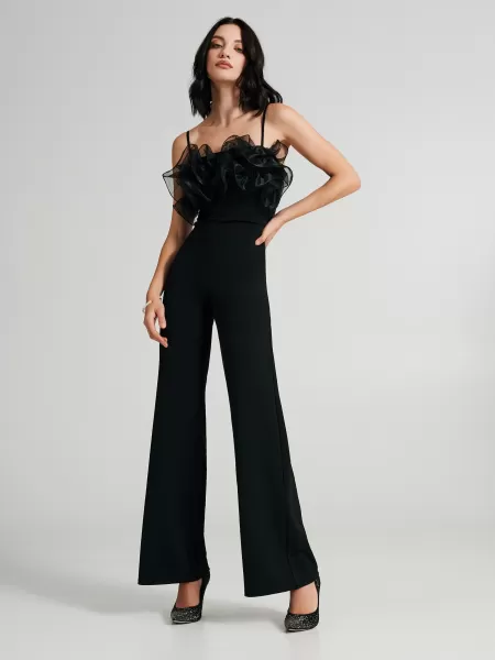 Straight-Leg Jumpsuit With Tulle Maxi Ruffles Women Black Dresses & Jumpsuits Charming