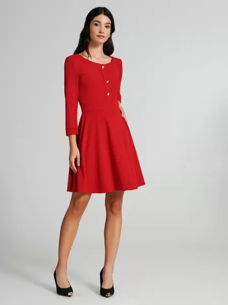 Red Genuine Dresses & Jumpsuits Women Dress With Full Skirt And Buttons