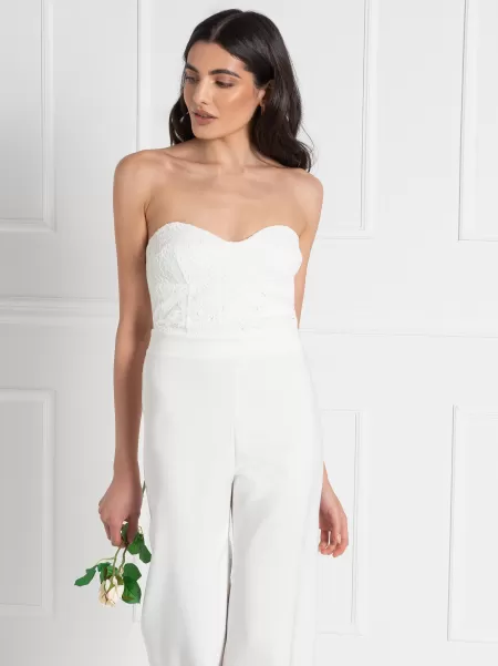 Exquisite White Dresses & Jumpsuits Women Bridal Collection Jumpsuit With Lace Bodice