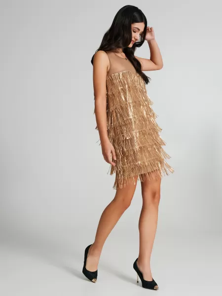Short Sequined And Fringed Dress Women Dresses & Jumpsuits Gold Discount Extravaganza