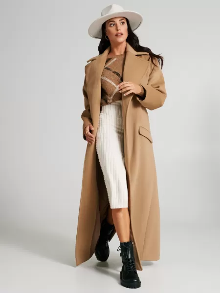 Coats & Down Jackets Sleek Women Camel Beige Long Oversized Coat With Belt