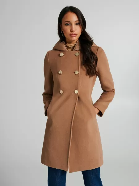 Camel Beige Double-Breasted Coat With Hood Inviting Coats & Down Jackets Women