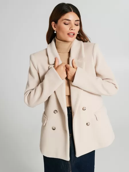Short Double-Breasted Coat Women Ivory Compact Coats & Down Jackets