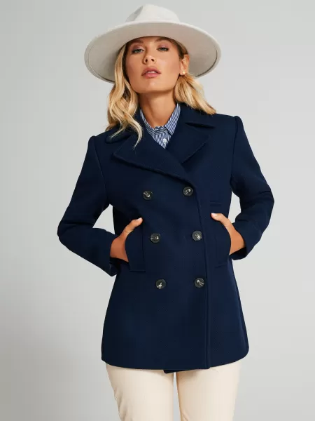 Blue Women Double-Breasted Coat Coats & Down Jackets Price Drop