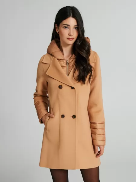 Camel Beige Women Coat With Repreve® Quilted Inserts Organic Coats & Down Jackets