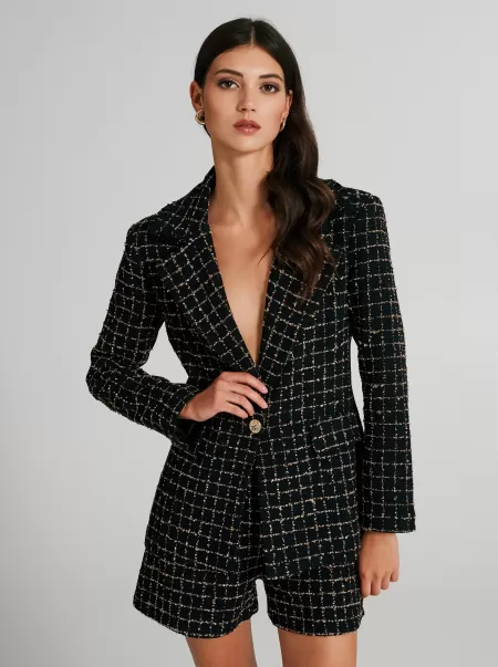 Women Discount Jackets & Waistcoat Long Woven Checkered Print Jacket Var Black