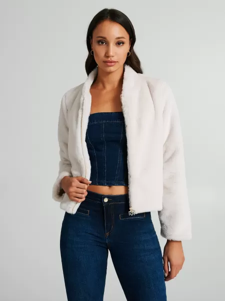 Faux Fur Jacket With Zip Limited Time Offer White Cream Women Jackets & Waistcoat