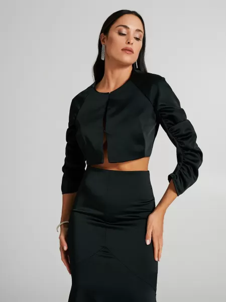 Cost-Effective Black Satin Bolero With Gathered Sleeves Jackets & Waistcoat Women