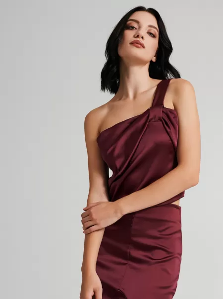 Aubergine Violet One-Shoulder Satin Top With A Bow Women Free Suits