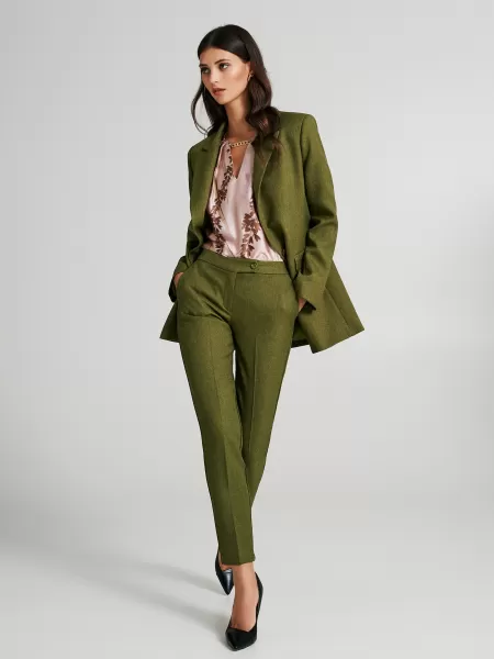 Peaceful Suits Skinny Trousers In Polyviscose With A Button Women Verde Olio