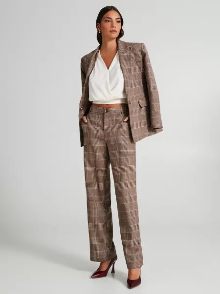 Straight Checkered Trousers Women Exceed Suits Var Beige