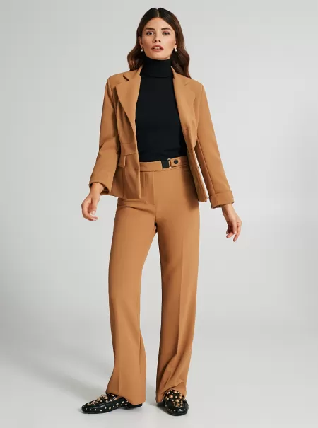 Camel Beige Straight-Cut Trousers With Cinched Waistband Suits Women Final Clearance