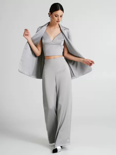 Efficient Satin Palazzo Trousers Women Suits Grey