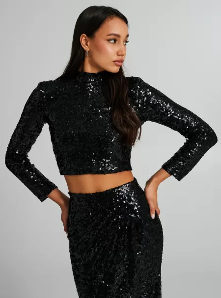 Cropped Turtleneck Sweater With Sequins Black Women Dropped Suits