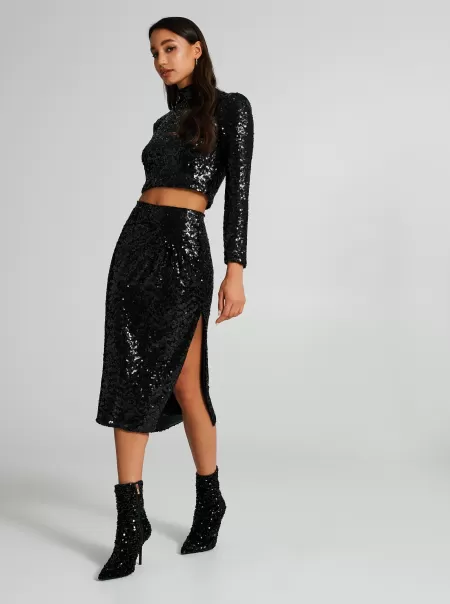 Sequin Longuette Skirt With Slit Suits Black Genuine Women