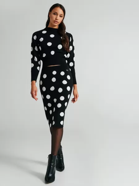 Knitted Polka-Dot Longuette Skirt Classic Suits Women Var Black