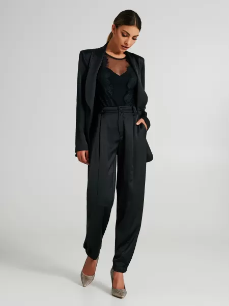 Satin Joggers With Pleats Women Luxurious Suits Black