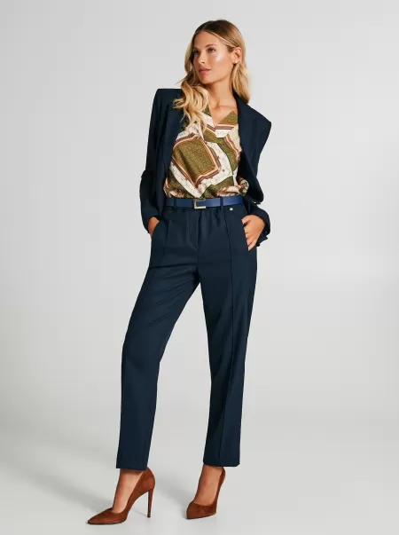 Women Blue Offer Suits Straight-Leg Trousers With Elasticated Waistband.