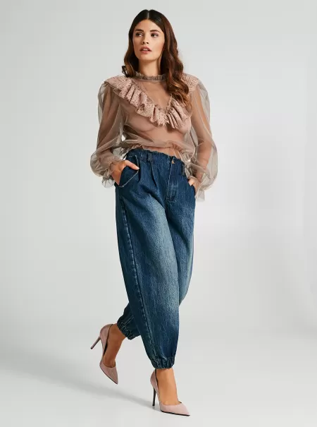 Last Chance Women Shaded Baggy Jeans With Elastic Cuffs Blue Trousers & Jeans