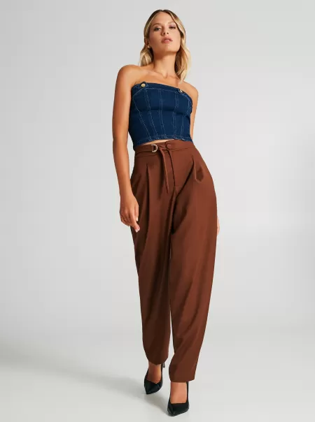 Refashion Straight-Leg Trousers With Belt Chocolate Trousers & Jeans Women