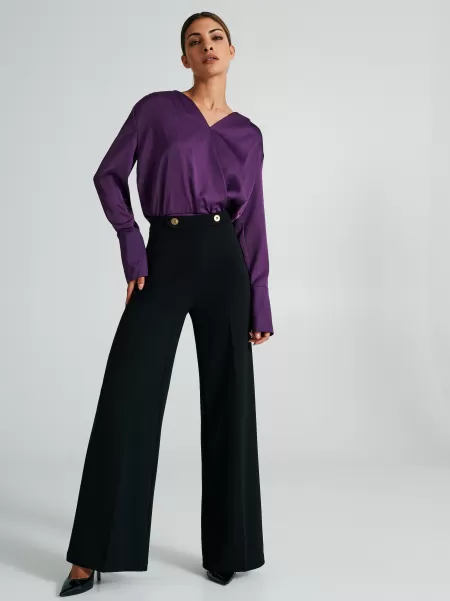 Black Trousers & Jeans Online Baggy Scuba Crepe Trousers With Buttons Women