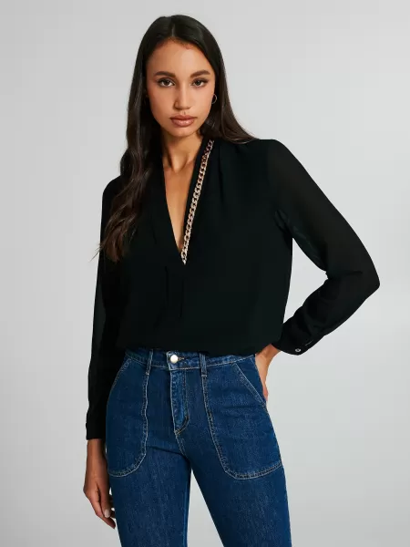 Women Shirts & Blouses Black Exclusive Flowy Georgette Blouse With Chain Detail