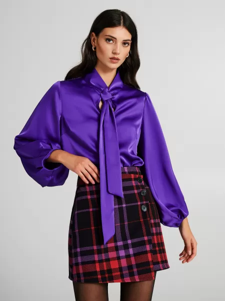 Distinct Women Satin Blouse With Bow Violet Shirts & Blouses