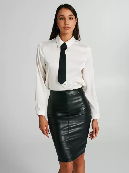 Women Ivory Chic Satin Shirt With Bow Tie Shirts & Blouses