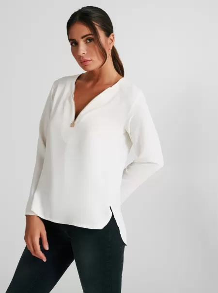 Women Beauty White Boxy Blouse With Zip Shirts & Blouses