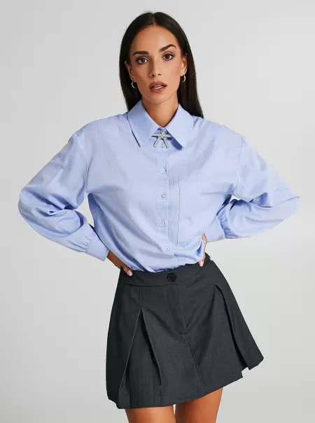 Light Blue Cotton Shirt With Brooch Women Shirts & Blouses 2024
