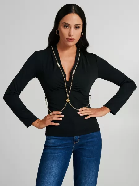 Black Women Quality Shirts & Blouses Crossover Top With Jewelled Chain
