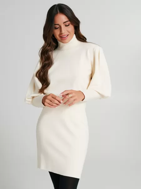 White Cream Turtleneck Sweater With Puff Sleeves New Knitwear Women