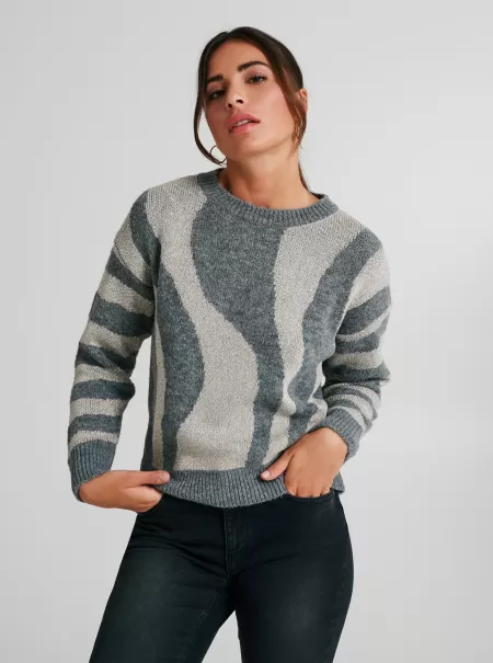 Var Grey Dark Women Zebra-Print Crewneck Jumper Efficient Knitwear