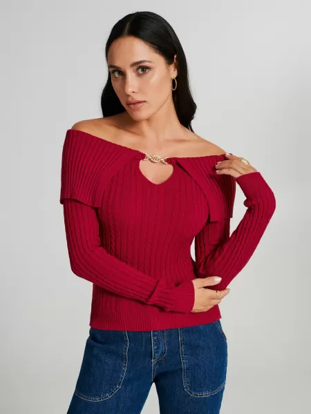 Knitwear Cable-Knit Top With Keyhole And Off-The-Shoulder Neckline Hot Magenta Women