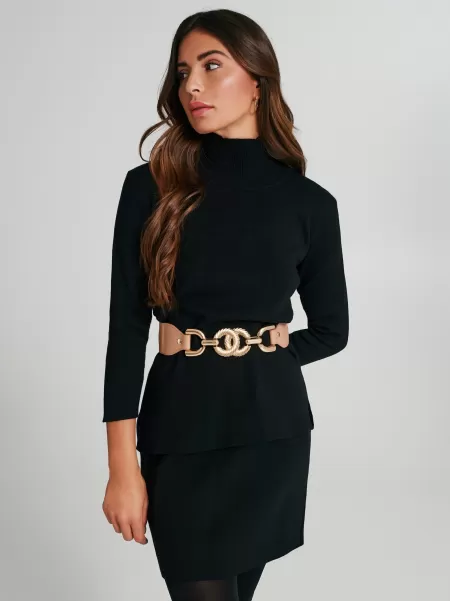 Black Durable Turtleneck Sweater With Side Slits Knitwear Women