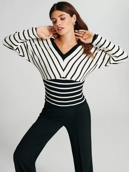 Women Top With Striped Neckline Var Black Knitwear Latest