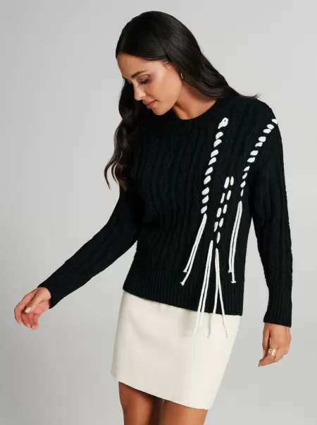 Women Var Black Two-Toned Cable-Knit Jumper Knitwear Special Price